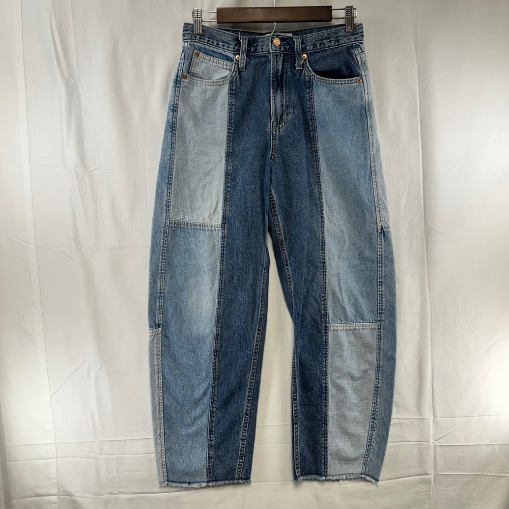 Gap Barrel Jeans Womens 26/2R Medium Indigo Patchwork High Rise Raw Hem